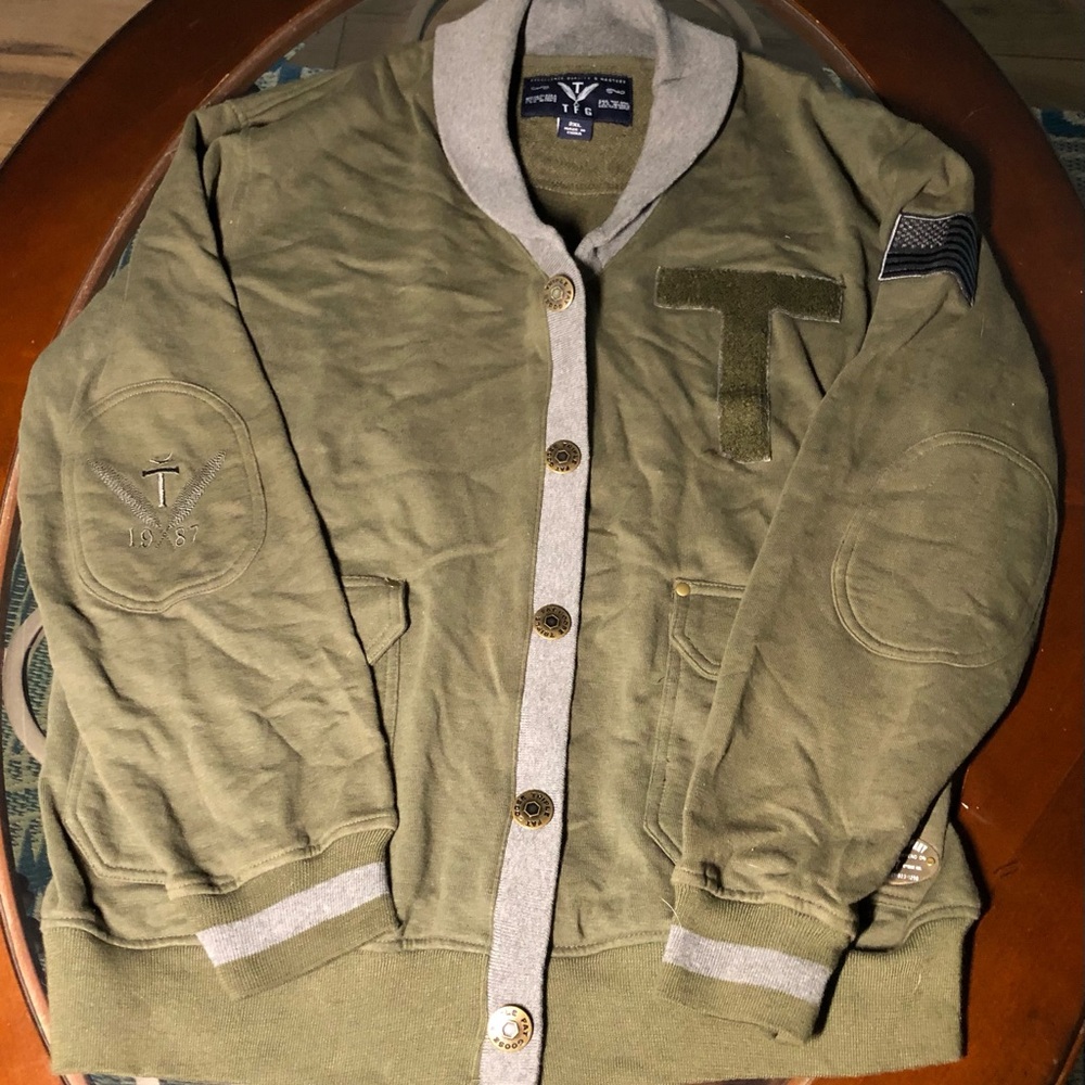 TFGoose & Co button front shawl collared knit jacket- green/gray Army Letterman